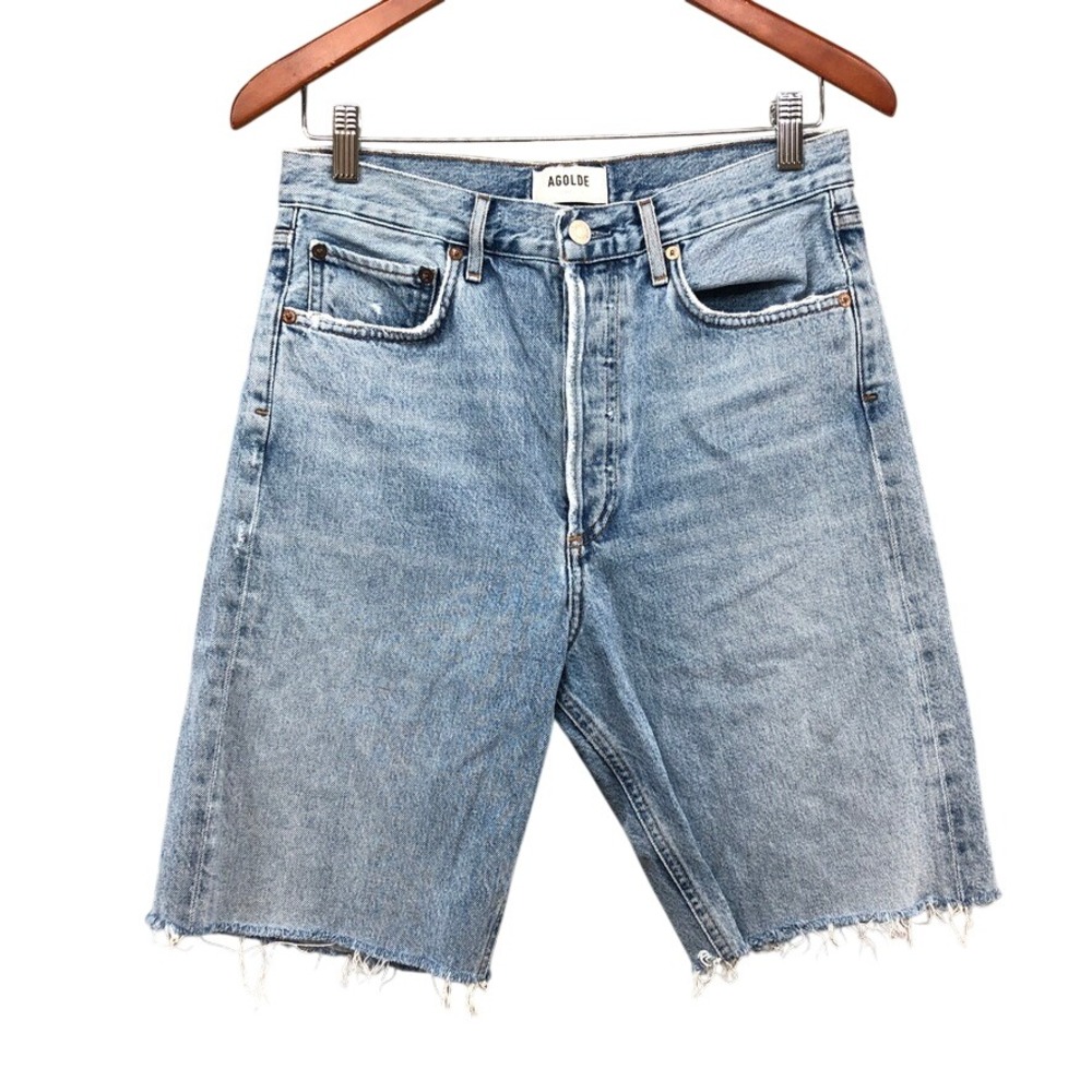 AGOLDE 90s Mid Rise Loose Shorts Womens 26 2 Blue Denim Raw Hem A089-1141